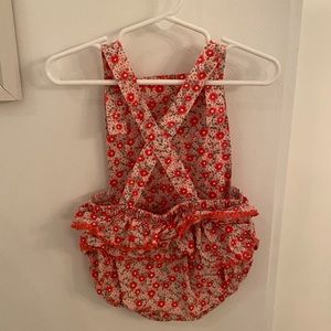 Baby Boden Red floral onesie, cross back ruffle butt